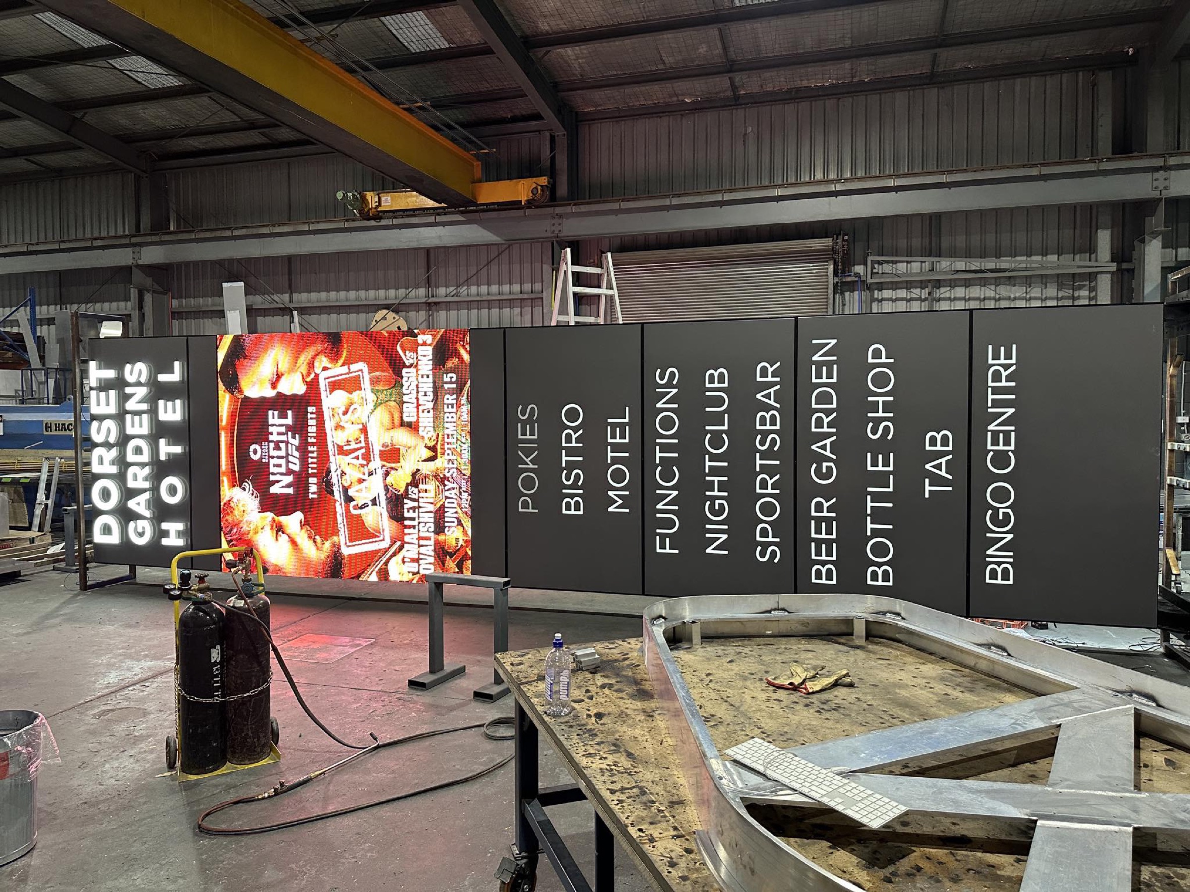 Large LED signage module during installation